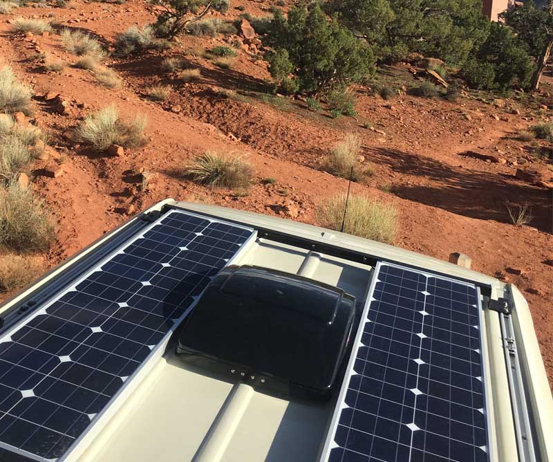 roof mounted solar panels on a custom Sprinter van